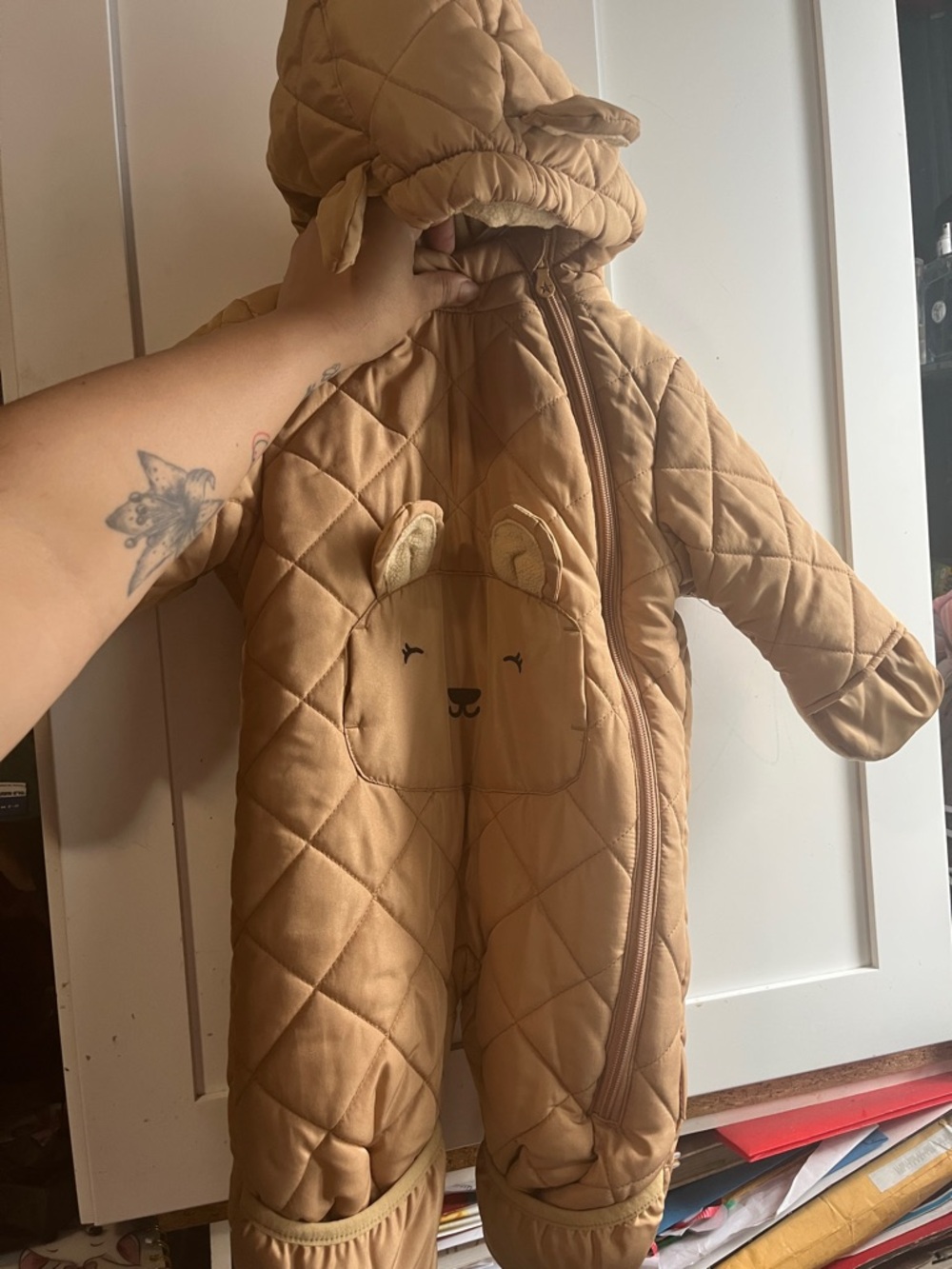 Wippette Quilted Bear Hooded Infant Snowsuit - Tan